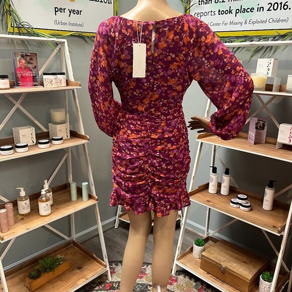 NWT Floral Purple Snitched Bubble Sleeve Mini Dress - Picture 2 of 6